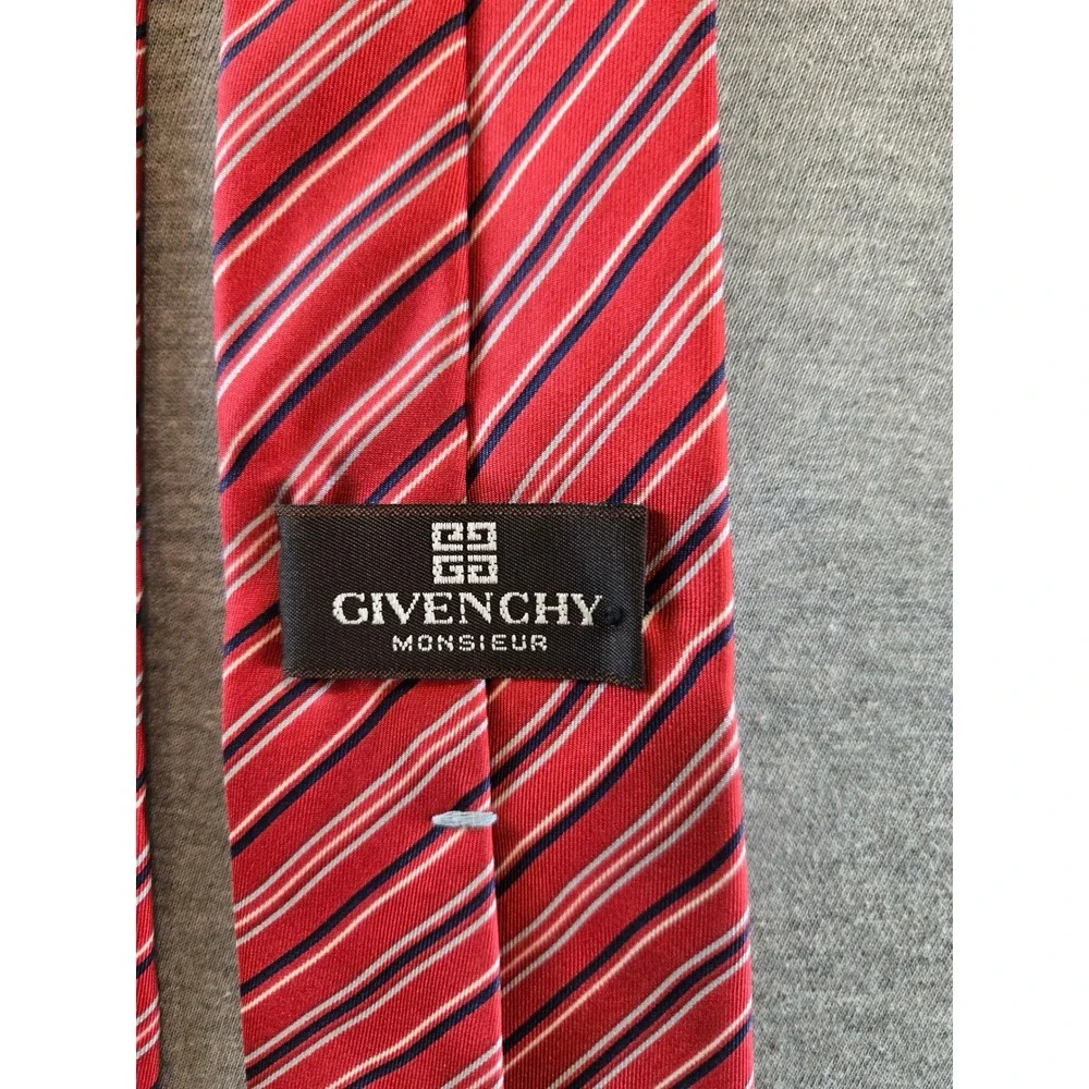 Givenchy Monsieur Silk Tie Mens OS Red White Navy Blue Striped Vintage 90s Italy